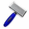 Blue-handle steel slicker brush for cats and dogs with fine metal pins.