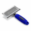 Steel pet grooming slicker brush with blue plastic handle shown from a different angle.