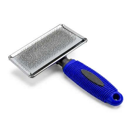 Steel pet grooming slicker brush with blue plastic handle shown from a different angle.