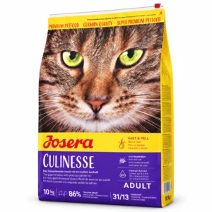Josera Culinesse Adult cat food 10 kg bag with yellow and purple packaging and a close-up tabby cat face.