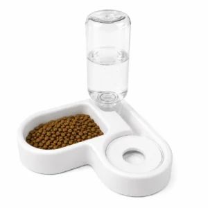 Pet Products cat feeder with dry food and half-filled water bottle