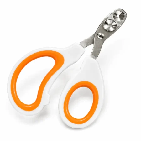 White-and-orange steel pet nail clipper for cats and small dogs shown open at a diagonal angle.