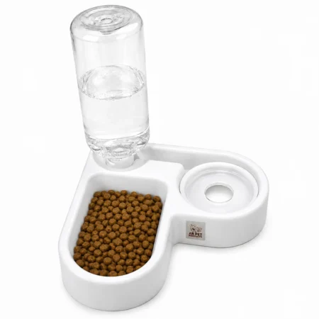White 2-in-1 cat food bowl with kibble and half-filled gravity water dispenser