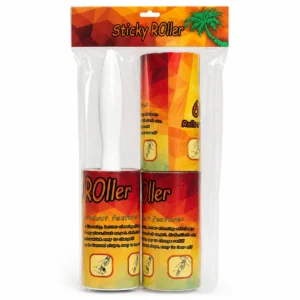 Sticky lint roller with reusable handle and replacement rolls for removing pet hair from clothes and sofas.
