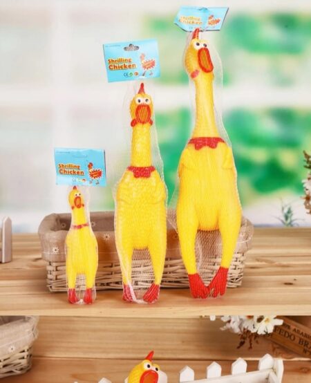 Yellow Squeeze Me rubber chicken toy for dogs