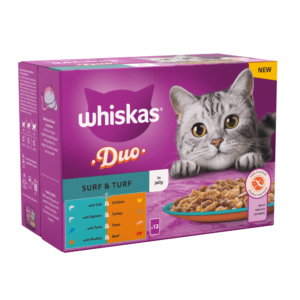 Whiskas Surf and Turf jelly in four flavors with combination of sea and land food.