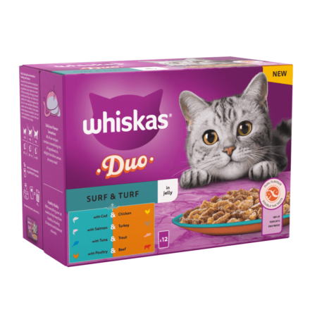 Whiskas Surf and Turf jelly in four flavors with combination of sea and land food.