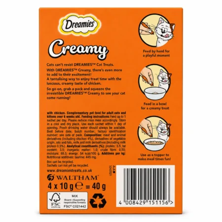 Dreamies Creamy Chicken Cat Treats 4 × 10g back of pack with feeding instructions and nutritional information.
