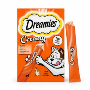 Dreamies Creamy Chicken Cat Treats 4 × 10g box with an opened creamy treat stick.
