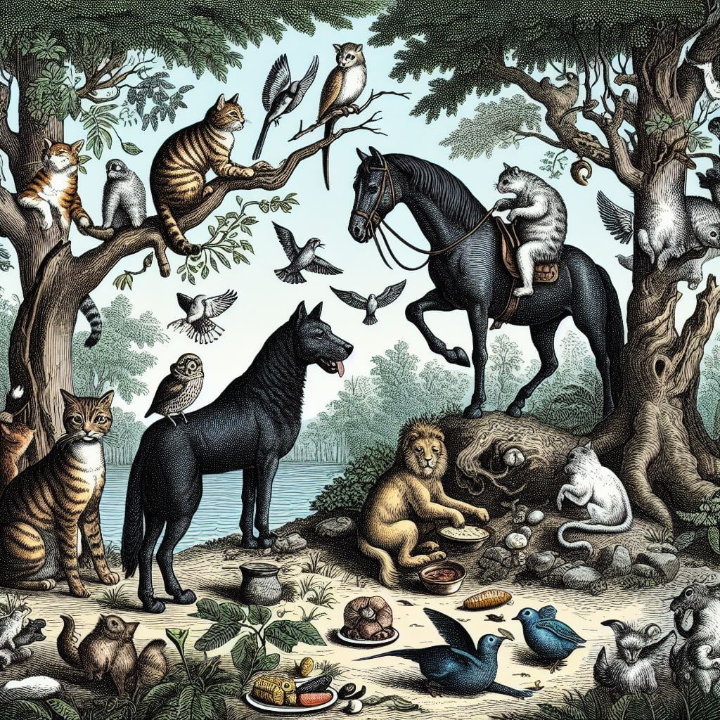 Pet Food History. An imaginary image of jungle when all animals live together.