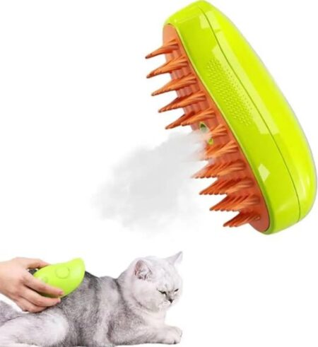 Steam-powered silicone pet brush grooming a grey cat