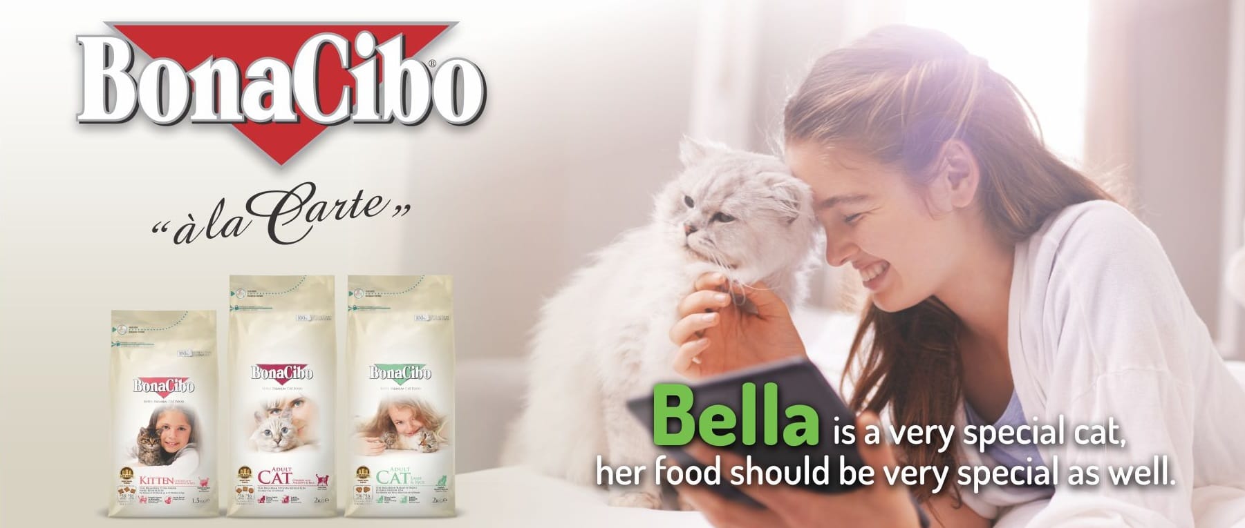 Bonacibo cat food banner with all of the foods displayed.