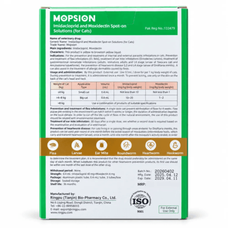 Mopsion Spot-On for cats, back of the box with usage instructions and dosing table