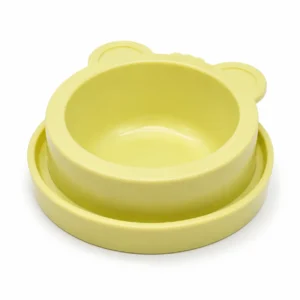 Yellow bear-shaped anti-ant cat feeding bowl on a white background