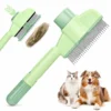 Self-cleaning pet slicker brush in green and yellow colour variations.