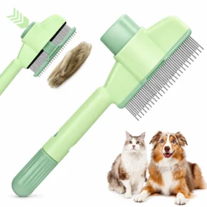 Self-cleaning pet slicker brush in green and yellow colour variations.