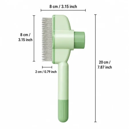 Self-cleaning pet slicker brush measuring 20 cm with an 8 cm head.