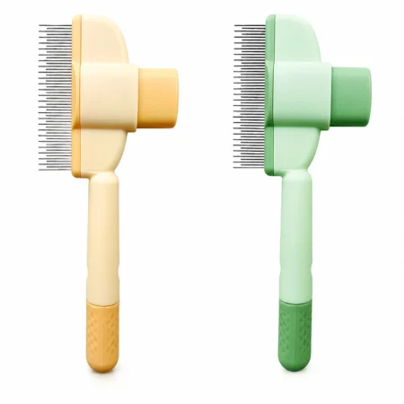 Self-cleaning pet slicker brush in green and yellow colour variations.