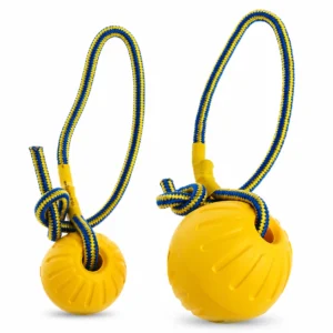 GSD Dog Training Ball With Rope in yellow with blue braided handle