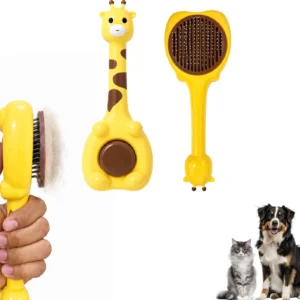Giraffe-shaped self-cleaning pet brush dimensions and colours