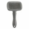 Grey self-cleaning slicker brush with fine metal pins for cats and dogs.