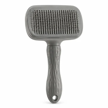 Grey self-cleaning slicker brush with fine metal pins for cats and dogs.
