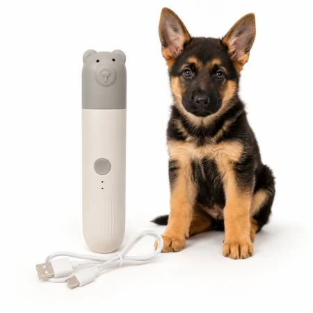 USB pet nail grinder for cats and dogs with German Shepherd puppy.