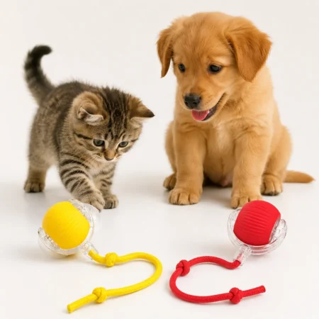 Kitten and puppy playing with yellow and red P02 smart rolling pet balls
