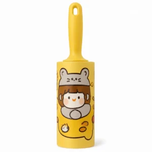 Yellow pet hair lint roller with 60 sheets and cartoon animal print.