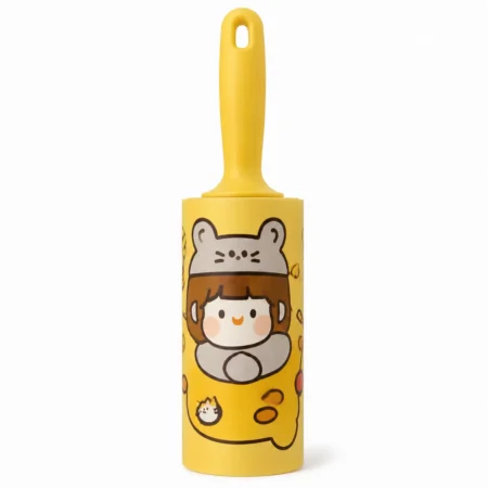 Yellow pet hair lint roller with 60 sheets and cartoon animal print.