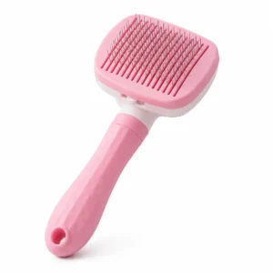 Pink self-cleaning slicker brush for cats and dogs on a white background.