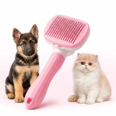 Pink slicker brush with a German Shepherd puppy and Persian kitten.