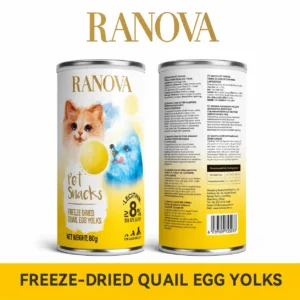 Golden freeze-dried quail egg yolk treats made from 100% quail egg yolk with at least 8% lecithin.