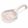 Long curved-handle cat litter scoop with deep slotted basket.