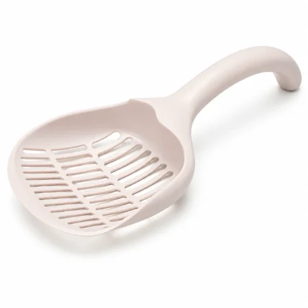Long curved-handle cat litter scoop with deep slotted basket.