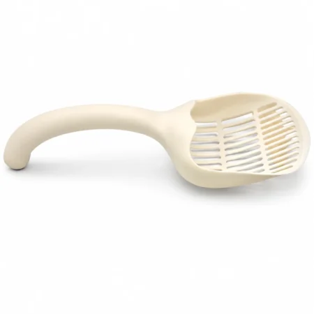 Deep cat litter scoop with long curved handle and sifting slots.
