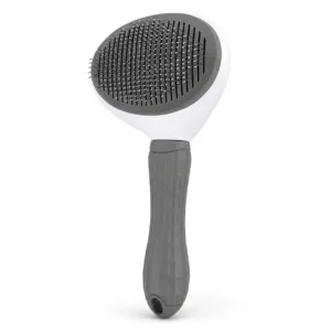Self-cleaning slicker brush for cats and dogs with grey handle and fine metal pins.