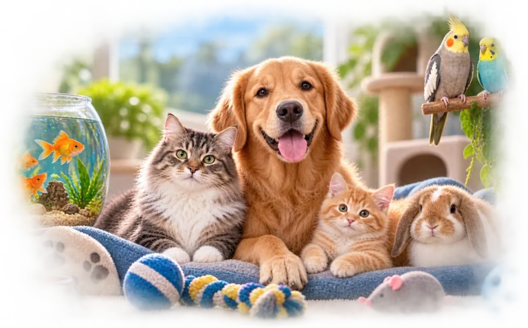 Happy dog and cat surrounded by leading pet food brands