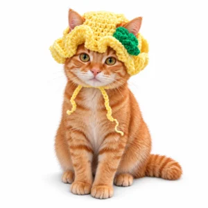 Orange cat wearing a yellow ruffled crochet cat hat