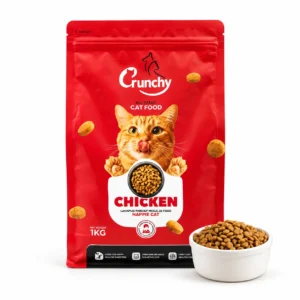 Crunchy Cat Food Chicken 1kg packet with bowl of dry kibble