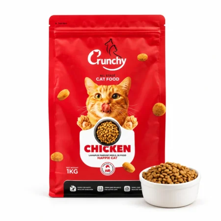 Crunchy Cat Food Chicken 1kg packet with bowl of dry kibble