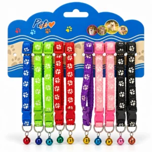Adjustable paw print collar with bell for cats and small dogs